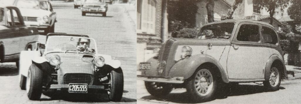 Figueras en un Lotus Seven-Fiat, decía que era uno de los autos más divertidos que manejó. A la derecha, un Flying Standard de 1947, auto con el que aprendió a manejar. Lo calificaba de "famélico pero noble". Foto: Autovivencias.