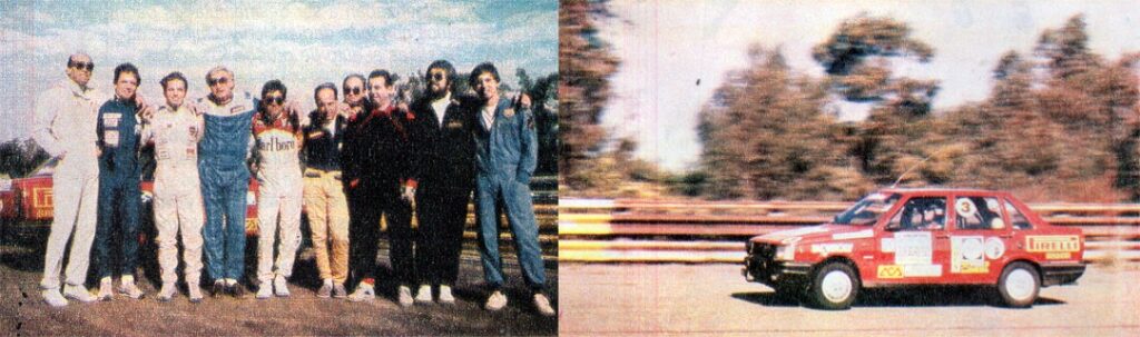 La hazaña de los Duna en 1989 en la pista de Rafaela, Santa Fe. Recorrieron 25.000 km en una semana y batieron 17 récords continentales. Figueras, capitán del equipo, es el cuarto desde la izquierda. Fotos: Test del Ayer.
