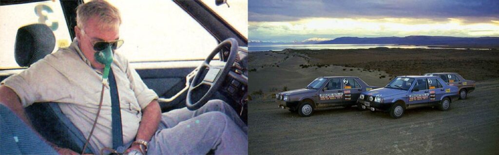 En 1991 recorrió la Ruta 40 con tres Fiat Regatta. Fueron 12.000 km en 14 días. Ripio devastador y casi 5000 metros de altura en Abra El Acay, como demuestra la máscara de oxígeno. Exigencia plena, marca personal Figueras. Fotos: Miguel Tillous/Test del Ayer.