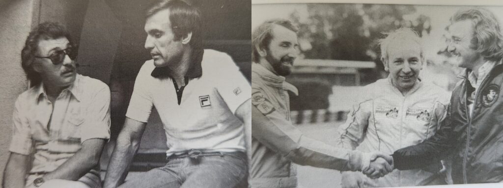 A la izquierda, Figueras con Carlos Reutemann en Sudáfrica, cuando ya era piloto Ferrari. A la derecha, le da la mano a John Watson, piloto de F1, y en el centro John Surtees, ídolo de su juventud. Fotos: Autovivencias.