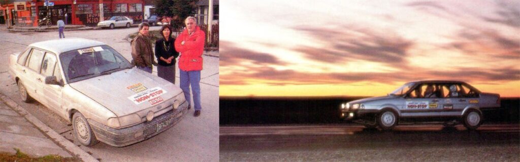 Figueras (campera roja) ante escribana que certifica el Buenos Aires-Ushuaia non-stop con Ford Galaxy en 1992. Durante ese viaje en una estación de servicio lo conoció a Matías Antico, quien con apenas 16 años le pidió una calco. Fotos: Test del Ayer.
